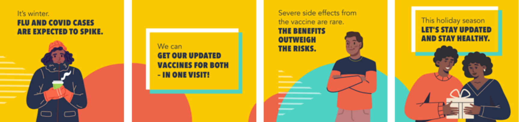 Graphics show a woman of color outside holding a warm drink, a man of color smiling, and two people of color exchanging wrapped gifts.