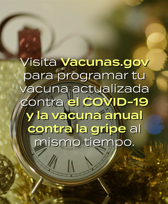 Video still shows text in front of gold clock surrounded with gold holiday decorations.