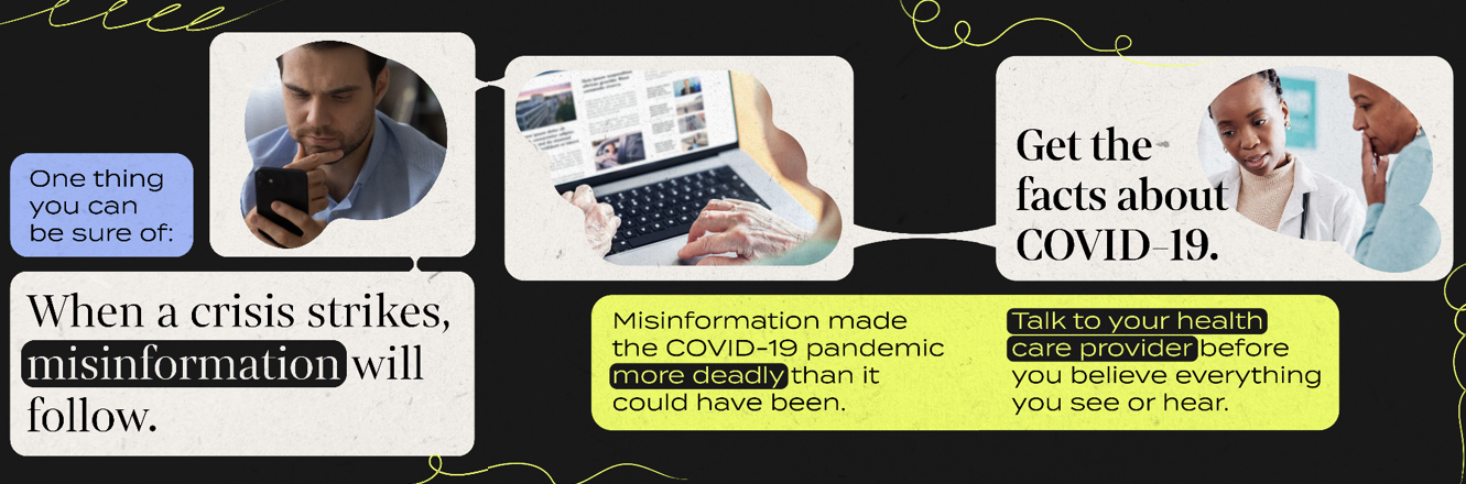 Graphics for social media carousel show a man looking at his cell phone, an older person typing on the computer, and a patient speaking with her Black doctor.