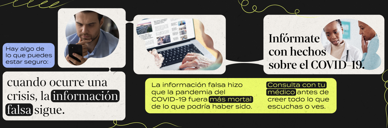 Graphics for social media carousel show a man looking at his cell phone, an older person typing on the computer, and a patient speaking with her Black doctor.