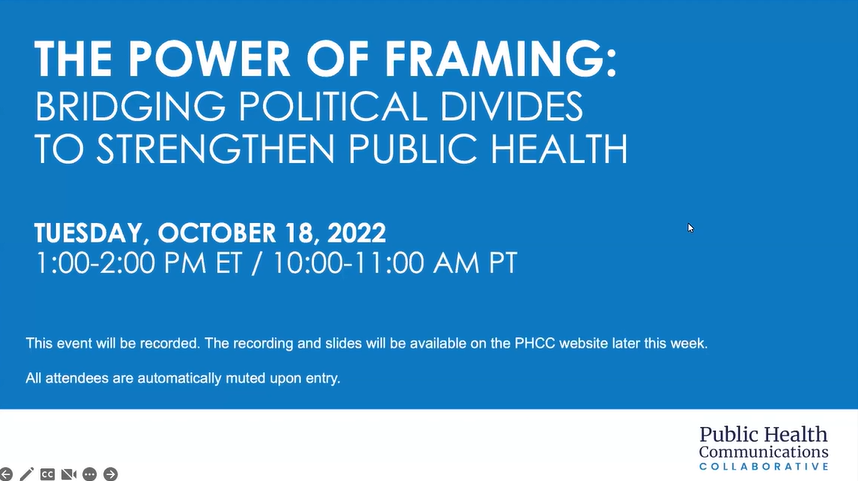 Video still shows webinar's first slide & presentation's title 'The Power of Framing.'
