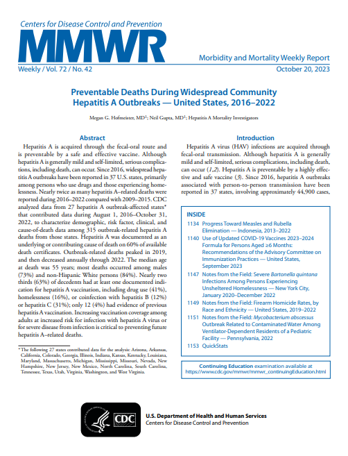 PDF shows the first page of a CDC report on hepatitis A deaths.