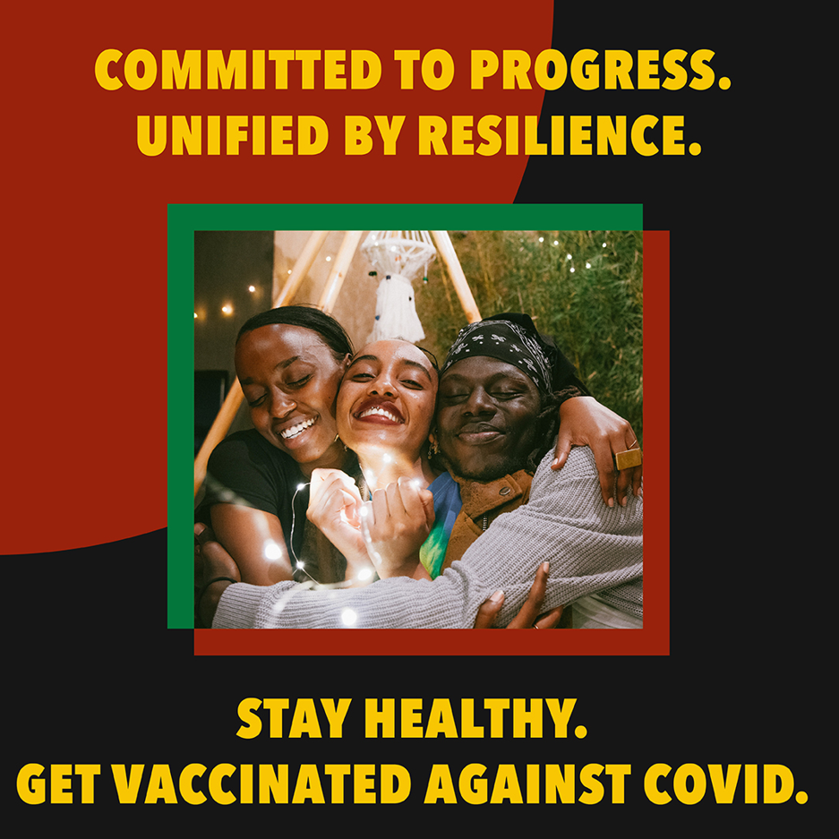 Graphic shows three Black friends with big smiles on their faces, embracing one another.