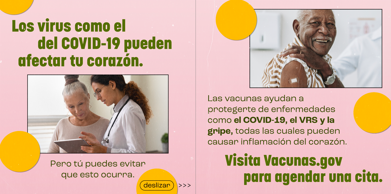 Graphics show an older woman consulting her doctor and an older Black man smiling and showing off a band-aid on his shoulder.