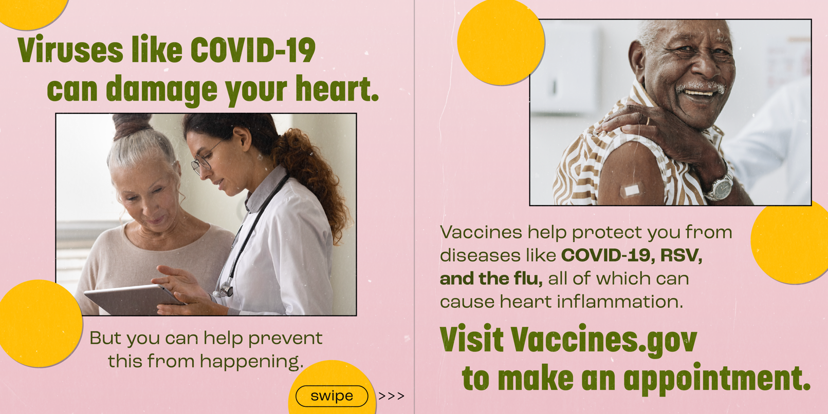 Graphics show an older woman consulting her doctor and an older Black man smiling and showing off a band-aid on his shoulder.