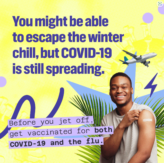 Graphic shows a Black man smiling and proudly showing off a band-aid on his arm, with palm trees and planes flying in the background.