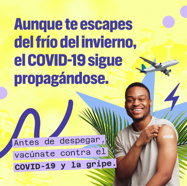 Graphic shows a Black man smiling and proudly showing off a band-aid on his arm, with palm trees and planes flying in the background.