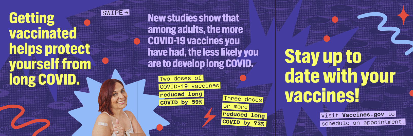 Graphics display a woman smiling with a band-aid on her arm and showing a thumbs-up.