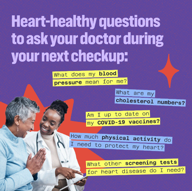 Graphic shows an older Black woman smiling next to her Black doctor while they review her chart. Examples include "Am  I up to date on my COVID-19 vaccines?" in addition to questions related to blood pressure, cholesterol numbers, physical activity and screening tests.