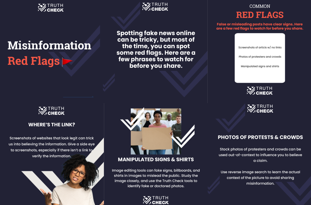 Graphics for social media carousel show a Black woman looking inquisitive and a Black woman holding a blank poster board.