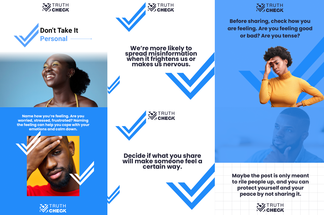 Graphics for social media carousel show four Black people, one smiling and three looking inquisitive/thoughtful.