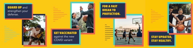 Image with four panels, first of two Black men playing basketball, second of five Black men holding a basketball on the court, third of a group of Latino men playing basketball, and last of a Black couple high fiving on the court