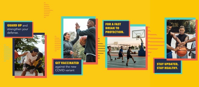 Image with four panels, first of two Black men playing basketball, second of five Black men holding a basketball on the court, third of a group of Latino men playing basketball, and last of a Black couple high fiving on the court