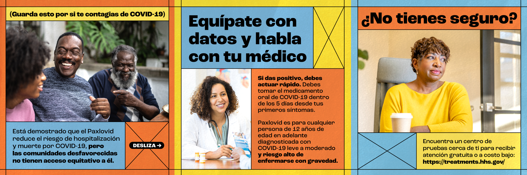 Three paned carousel promotes Paxlovid for communities of color and displays images of a group of Black people laughing, a female doctor of color smiling, and a woman of color looking concerned with a cup of coffee in her hand.