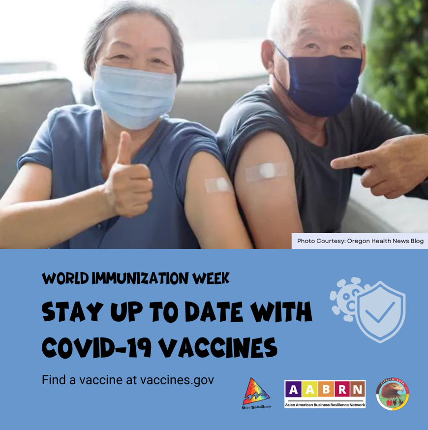 Flyer shows an older Asian woman wearing a mask and giving a thumbs up, sitting on the couch next to an older Asian man also wearing a mask and pointing to a band-aid on his arm.