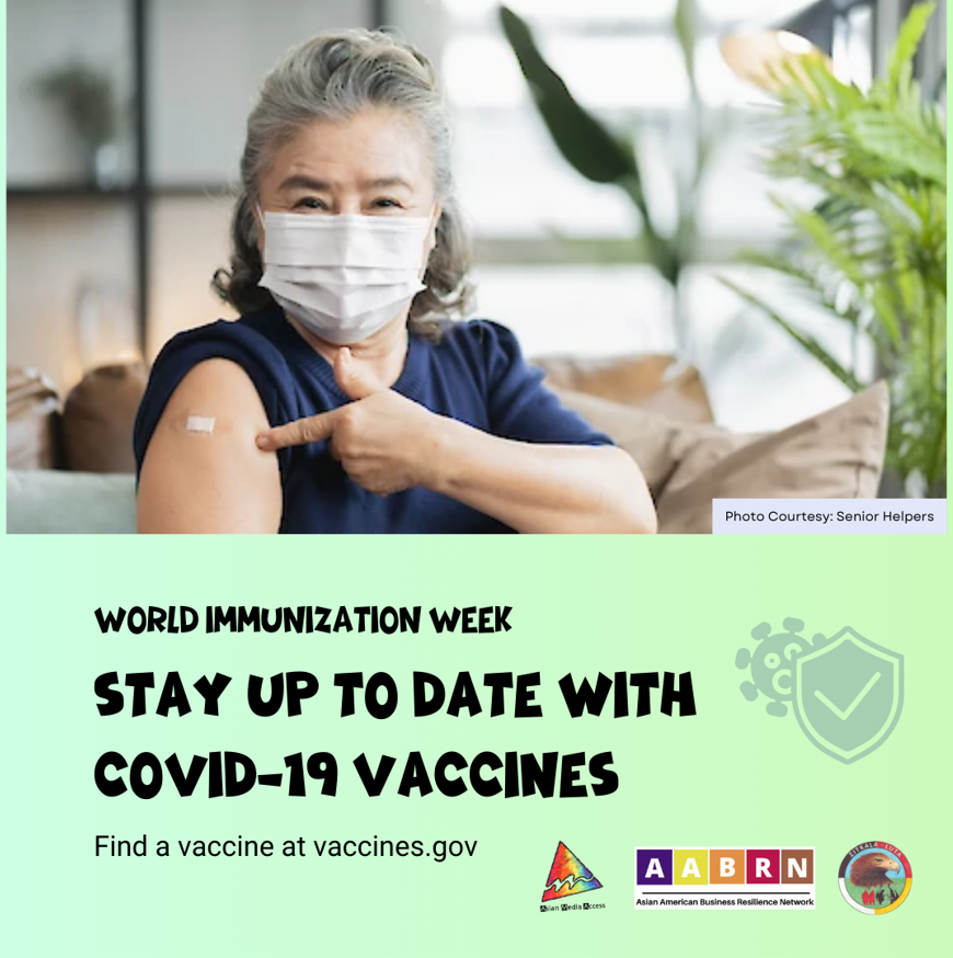 Flyer shows an older Asian woman wearing a mask and pointing proudly to a band-aid on her arm.