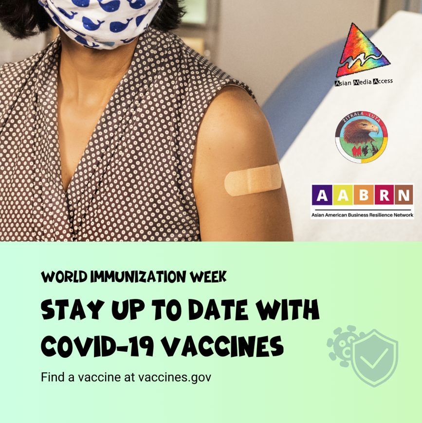 Flyer displays an Asian woman wearing a mask with whales and a band-aid on her arm.