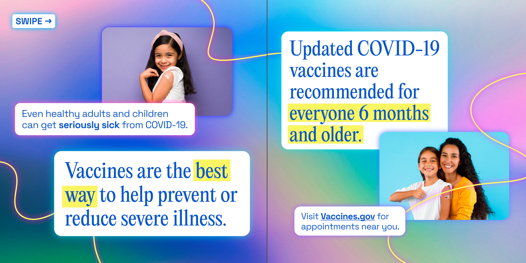 Graphics show a young girl smiling and showing off the band aid on her arm and a mother hugging her daughter who's giving a big thumbs up.