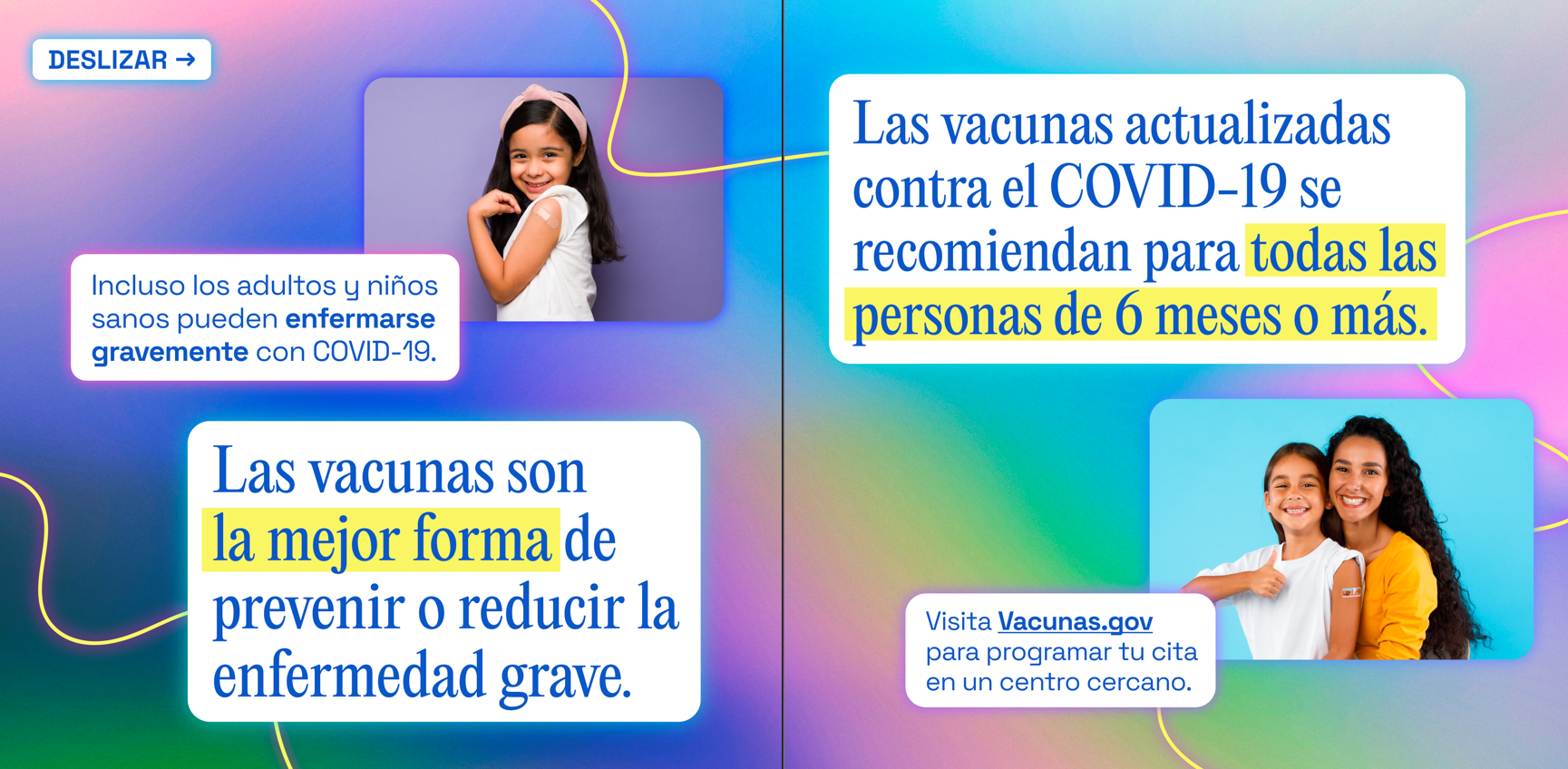 Graphics show a young girl smiling and showing off the band aid on her arm and a mother hugging her daughter who's giving a big thumbs up.