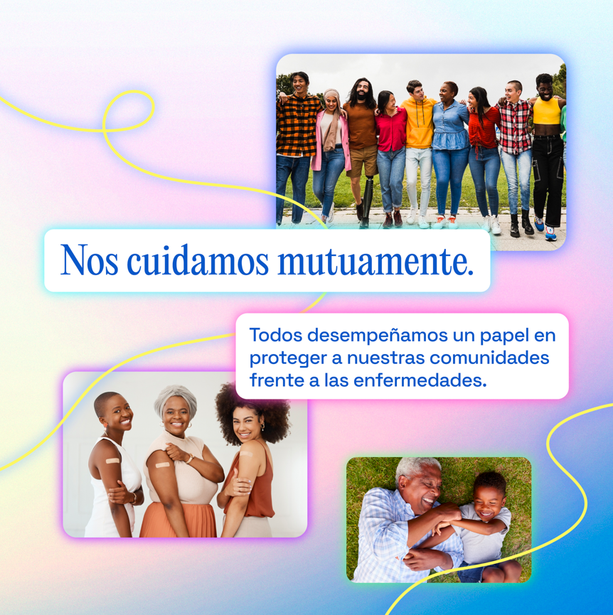 Three Black women stand proudly and show the band aids on their arms; a Black grandfather and grandson lie in the grass laughing; a group of nine people of various races and gender expressions stand in a line on the sidewalk, arm-in-arm smiling.