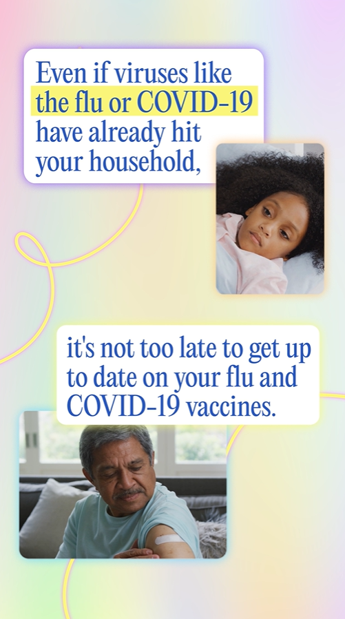 Video still shows a young Black girl sick in bed and a man of color looking down at a band aid on his arm.