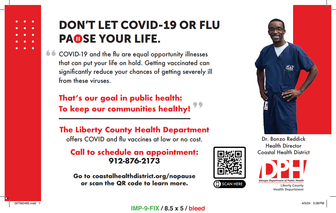 Flyer shows a Black male doctor in scrubs alongside text encouraging readers to get vaccinated.