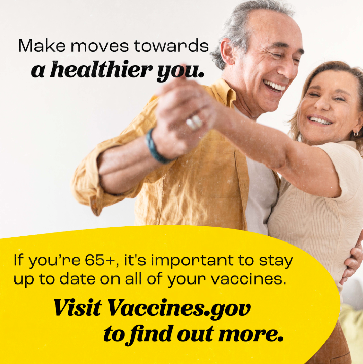 Graphic shows an older man and woman dancing together and smiling.