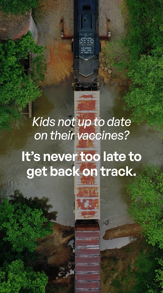 Video still shows an aerial view of a train crossing a riverbed.