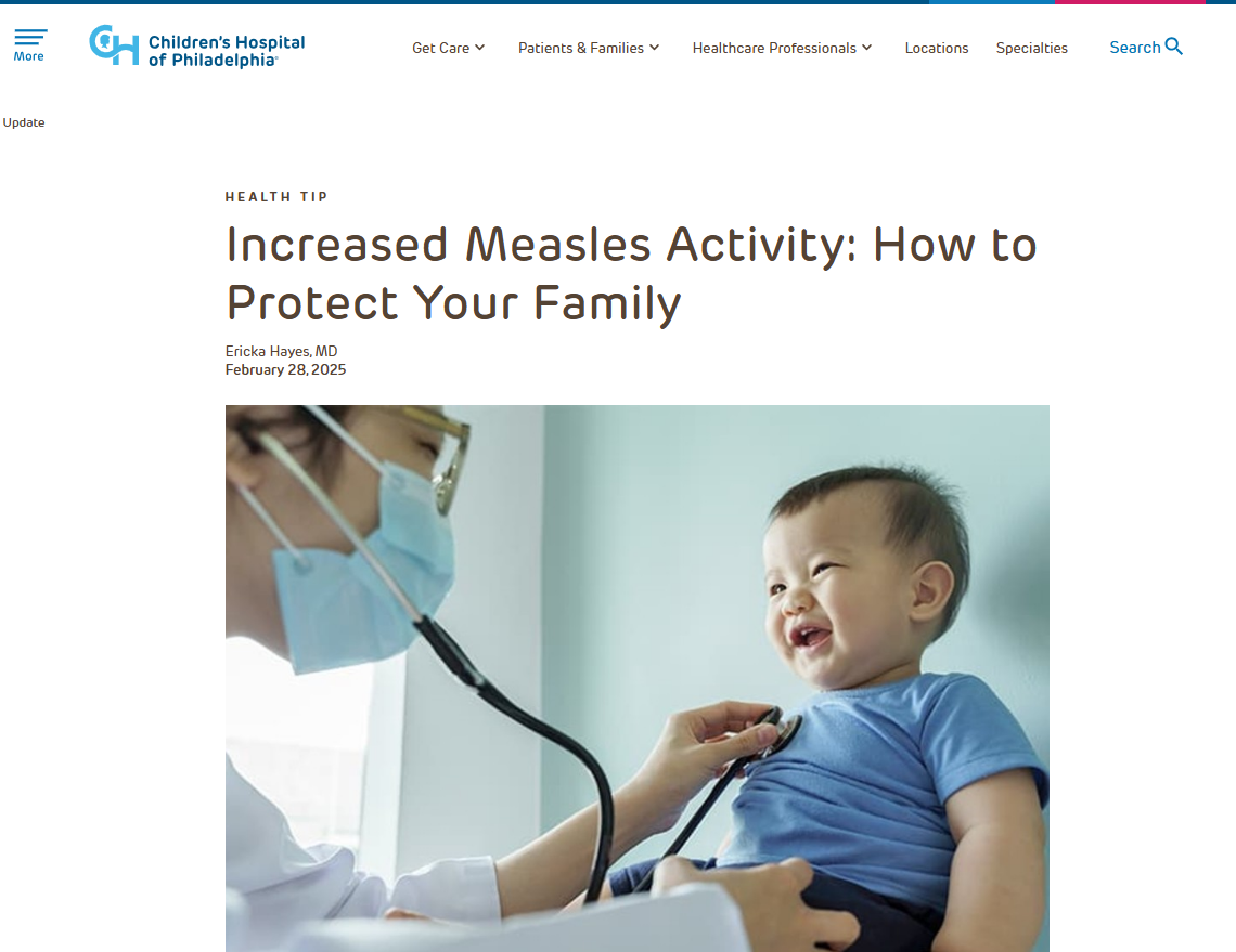 The image shows a doctor using a stethoscope on an Asian child. Text says: "Measles Outbreak: How to Protect Your Family."