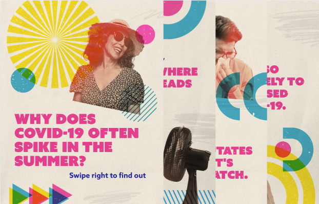 Graphic with collage like picture of a woman in a sunhat and sunglasses and another in front of a fan. Text above reads "Why does COVID-19 often spike in the summer? Swipe right to find out." The second slide reads "Warmer weather means more time indoors with A/C, and that's where COVID-19 spreads more easily."