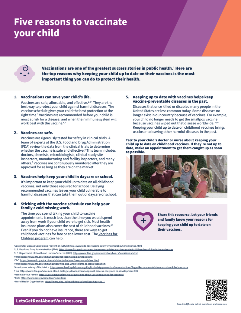 Factsheet titled “Five reasons to vaccinate your child.” Text encourages families to talk to a doctor and share the resource, with a QR code linking to LetsGetRealAboutVaccines.org.