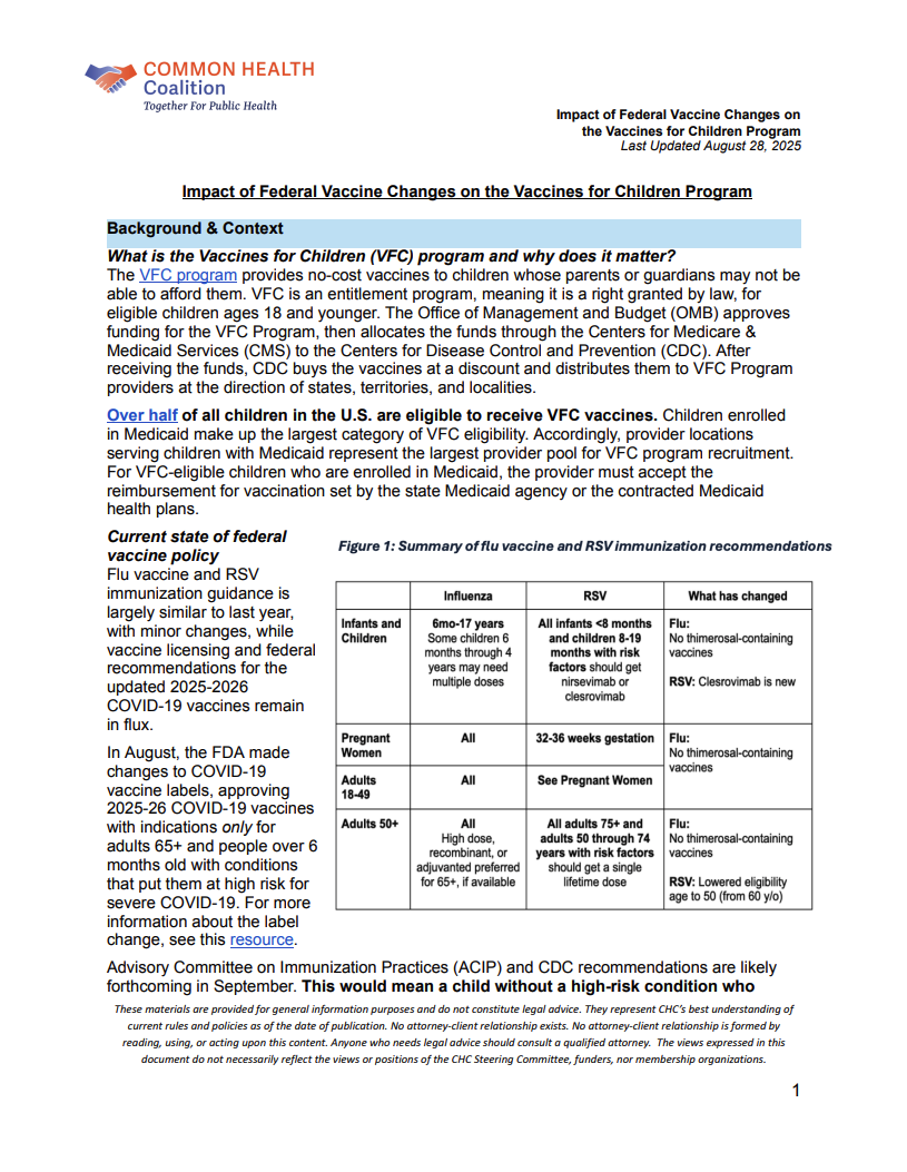 First page of the Impact of Federal Vaccine Changes on the Vaccines for Children Program factsheet