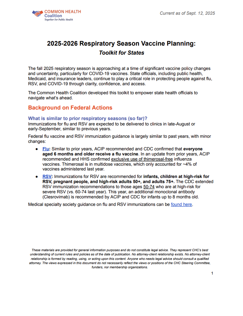 First page of the 2025-2026 Respiratory Season Virus Planning: Toolkit for States