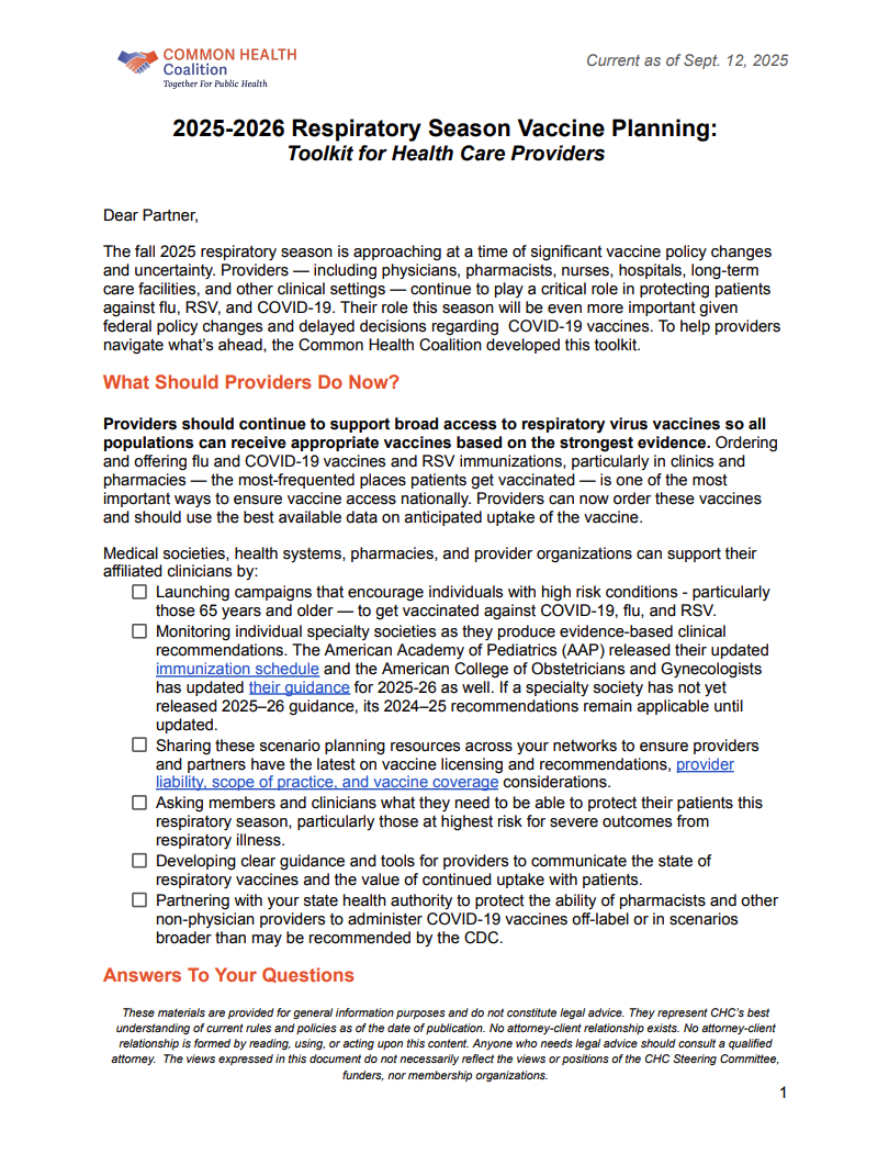 First page of the 2025-2026 Respiratory Season Vaccine Planning: Toolkit for Health Care Providers