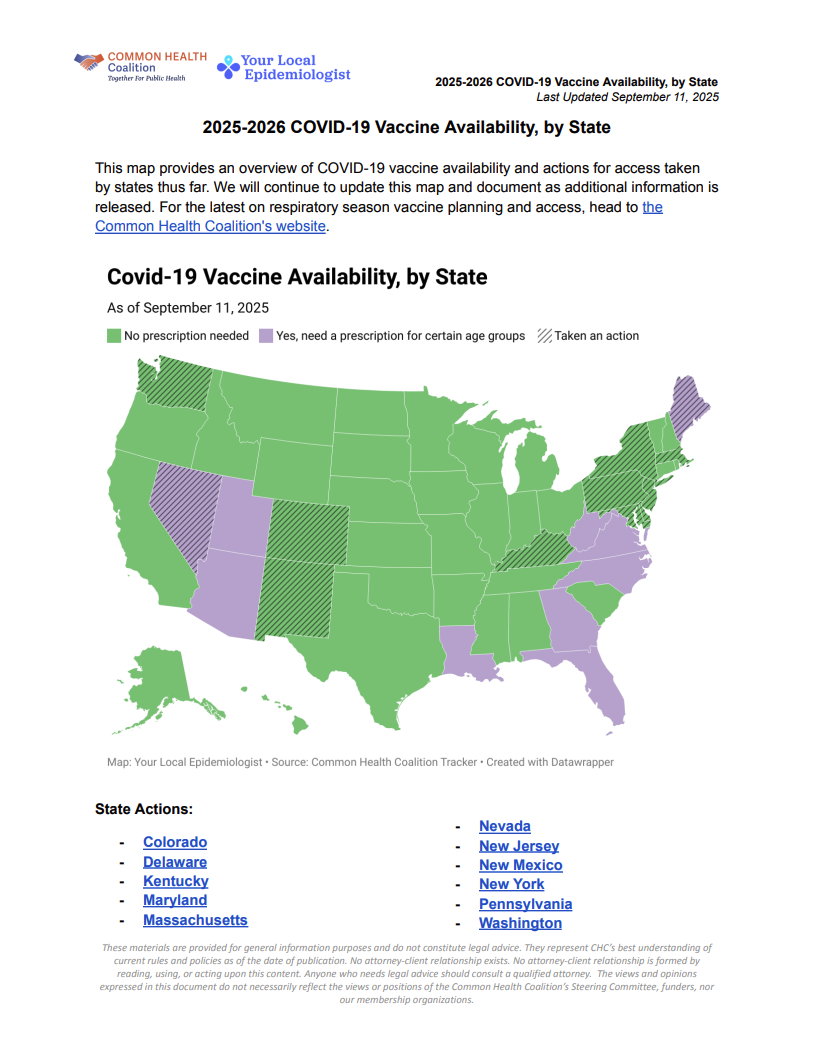 First page of 2025-2026 COVID-19 Vaccine Availability, by State