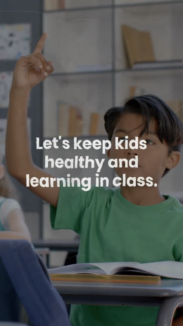 Video shows clips of kids learning in class with text that reads, "Let's keep kids healthy and learning in class. Vaccines help protect kids so they can stay in school. Talk to your child's doctor to learn which vaccines they need this season."