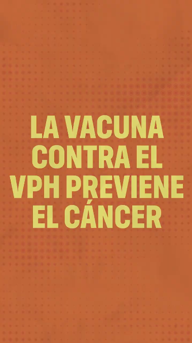 GIF-style video with an orange background. Animated text repeats throughout the video and reads: "The HPV vaccine prevents cancer."