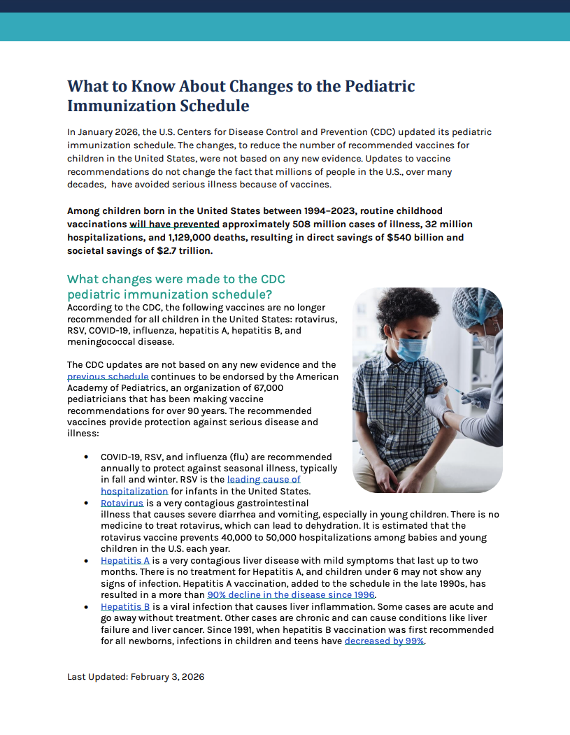 First page of downloadable pdf about what to know about changes to the pediatric immunization schedule