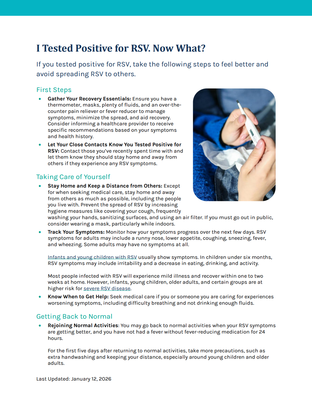 First page of factsheet explaining what to do if you test positive for RSV