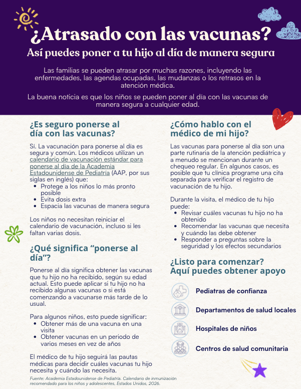 Blue-purple gradient background. Headline reads: “Behind on vaccines? Here’s how to catch your child up safely.” Body text explains what a catch-up schedule is and how catching up works. Callout box at the bottom lists resources, including pediatricians, local health departments, children’s hospitals, and community health centers.