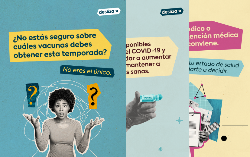 Slide 1 shows a person looking overwhelmed and reads: "Feeling unsure about which vaccines to get this season? You're not the only one." Slide 2 shows a hand holding a vaccine vial and reads: "Flu, COVID-19, and RSV vaccines are all available to help increase protection and keep communities healthy." Slide 3 shows a doctor holding a clipboard and reads: "Talk to your doctor or health care provider about what's right for you. They know your health and can help you decide."