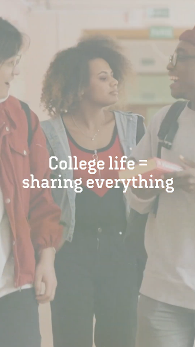 Video shows college students walking around, doing homework, eating pizza, and finally sneezing. Text overlaid on the clips reads: “College life = sharing everything. Snacks. Notes. Germs. Protect yourself: Stay up to date on flu + Tdap vaccines.”