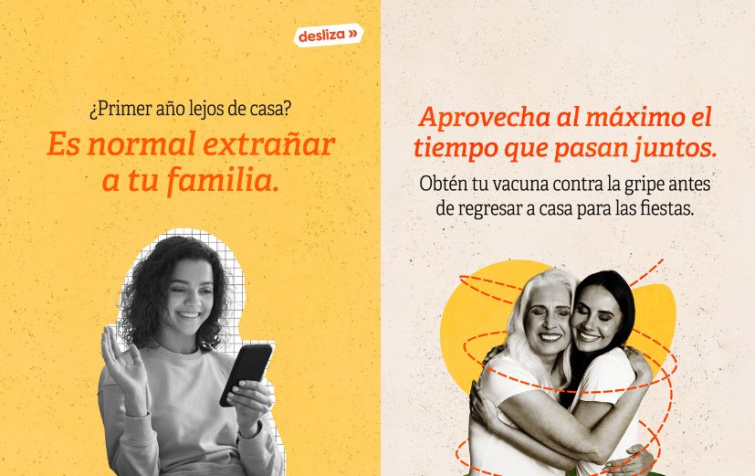 Slide 1 shows a young person smiling and waving on a video call with text that reads: "First year away from home? It’s okay to miss your family." Slide 2 shows a mother and daughter hugging with text that reads: "Make the most of your time together. Get your flu vaccine before heading home for the holidays."