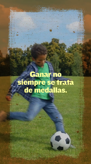 Video opens on a child playing soccer with text that reads: “Winning isn’t always about medals…” Next frame shows a family birthday party with text that reads: “It’s about staying healthy for your familia and the moments that matter most.” Final clip shows another smiling family and text: “Get vaccinated today to stay protected from serious diseases.”