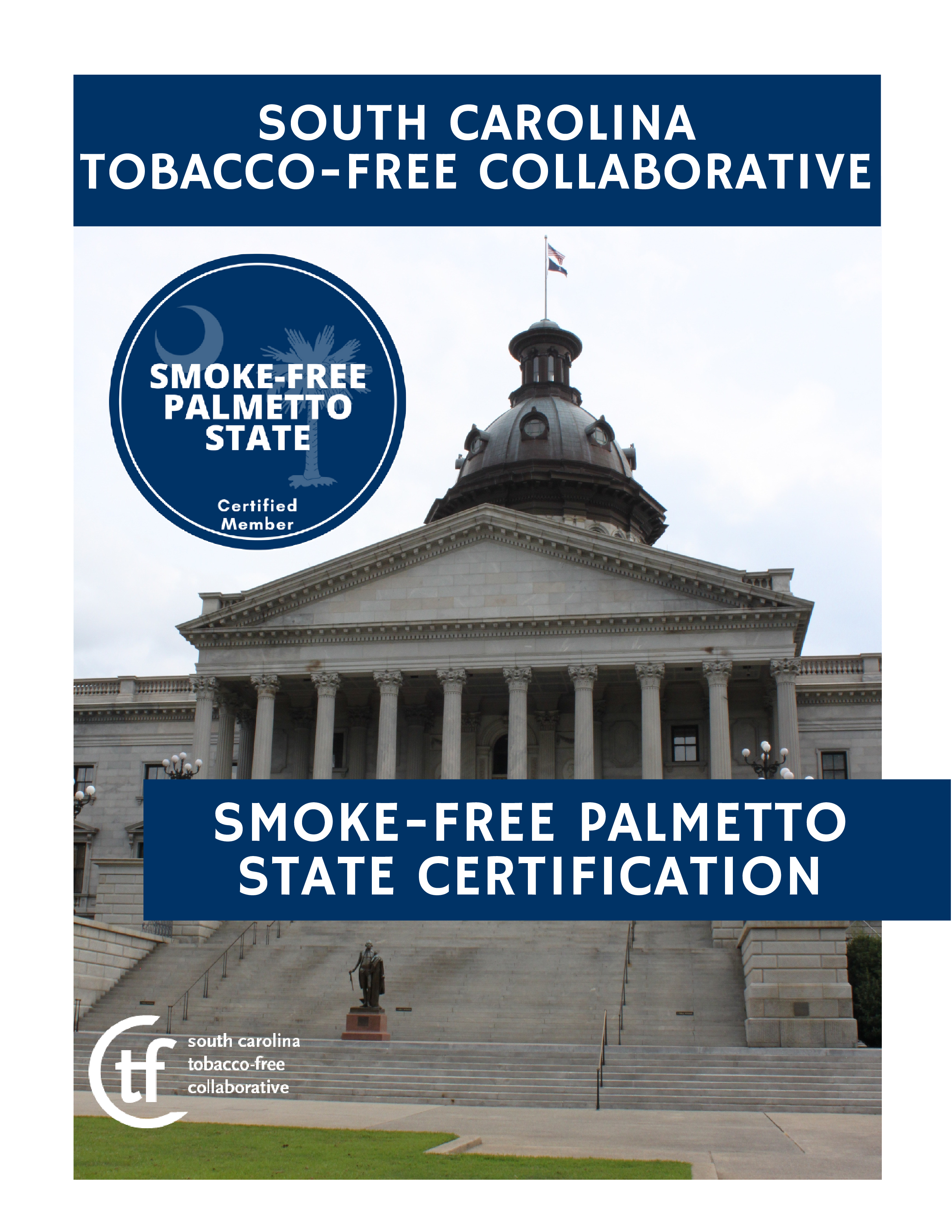 Image shows the South Carolina Capitol building with blue banners of text surrounding it 