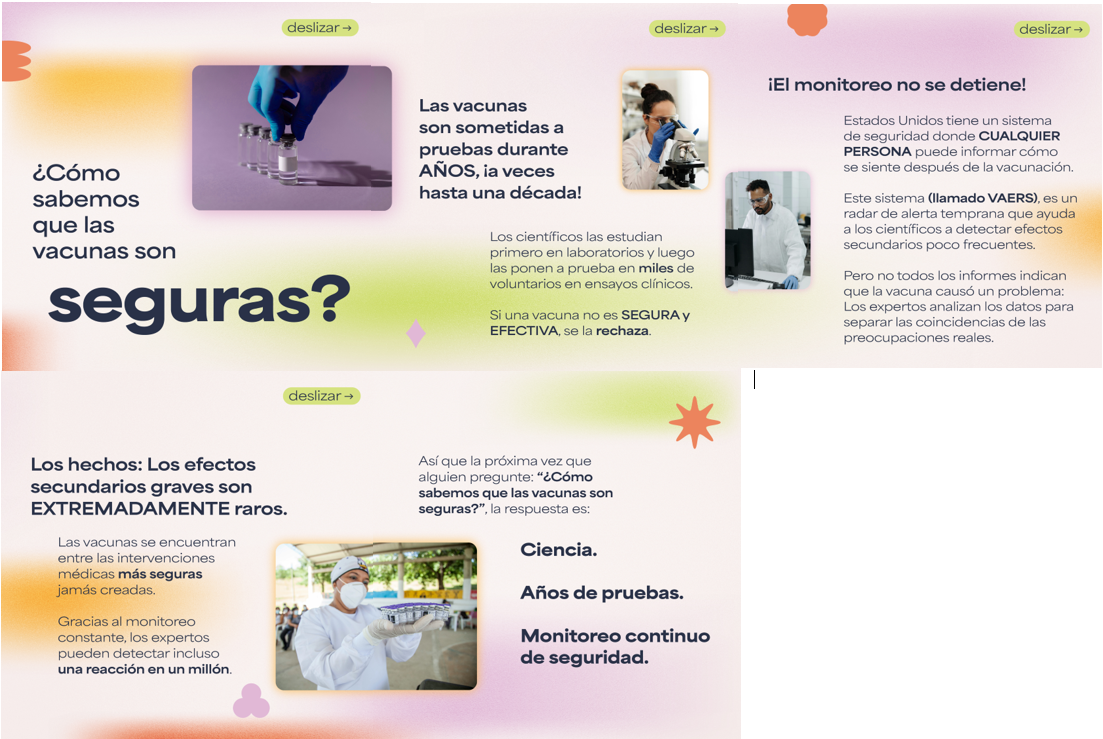Graphics show the following images: a blue gloved hand placing a vaccine vial on a table, a scientist looking through a microscope, a scientist looking at a computer monitor, a healthcare provider in a mask carrying a series of vaccine vials.