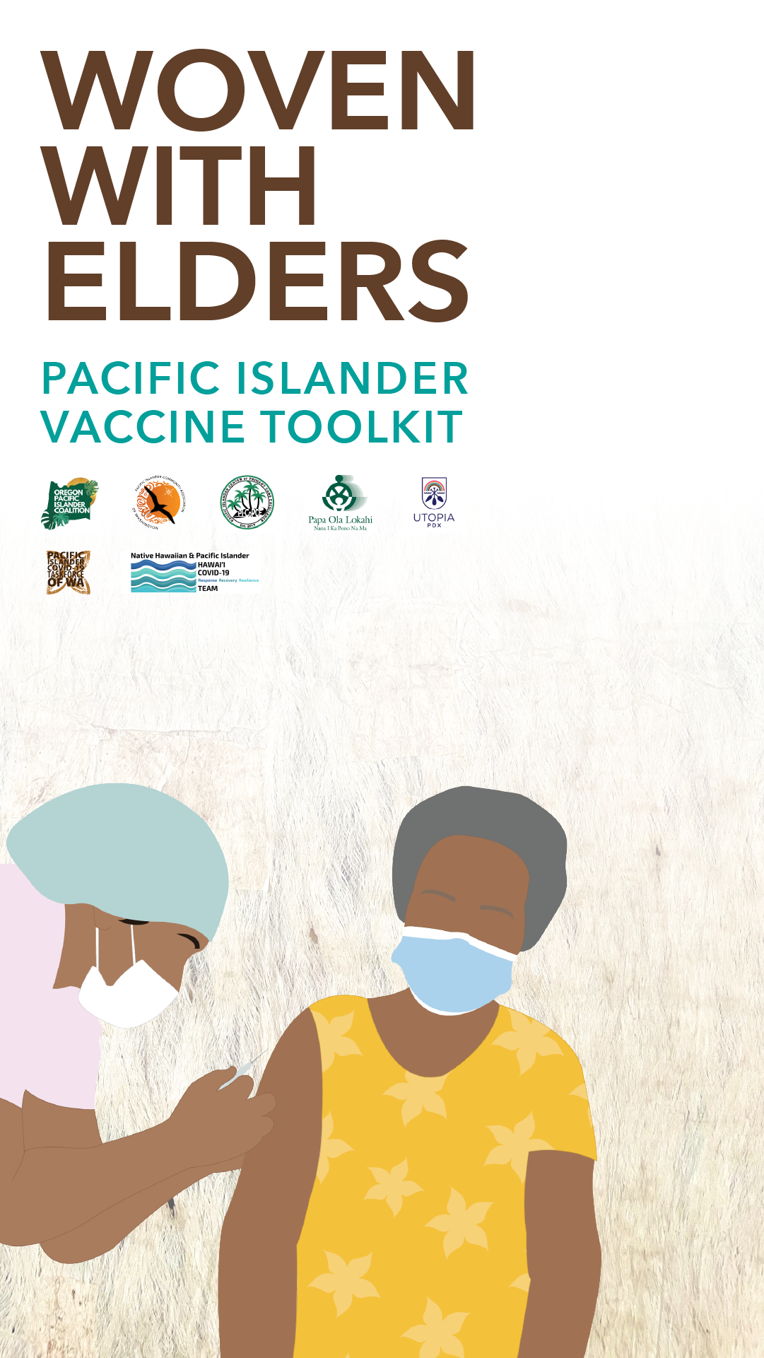 Cartoon image of a Pacific Islander elder woman receiving a vaccine from a healthcare provider. 