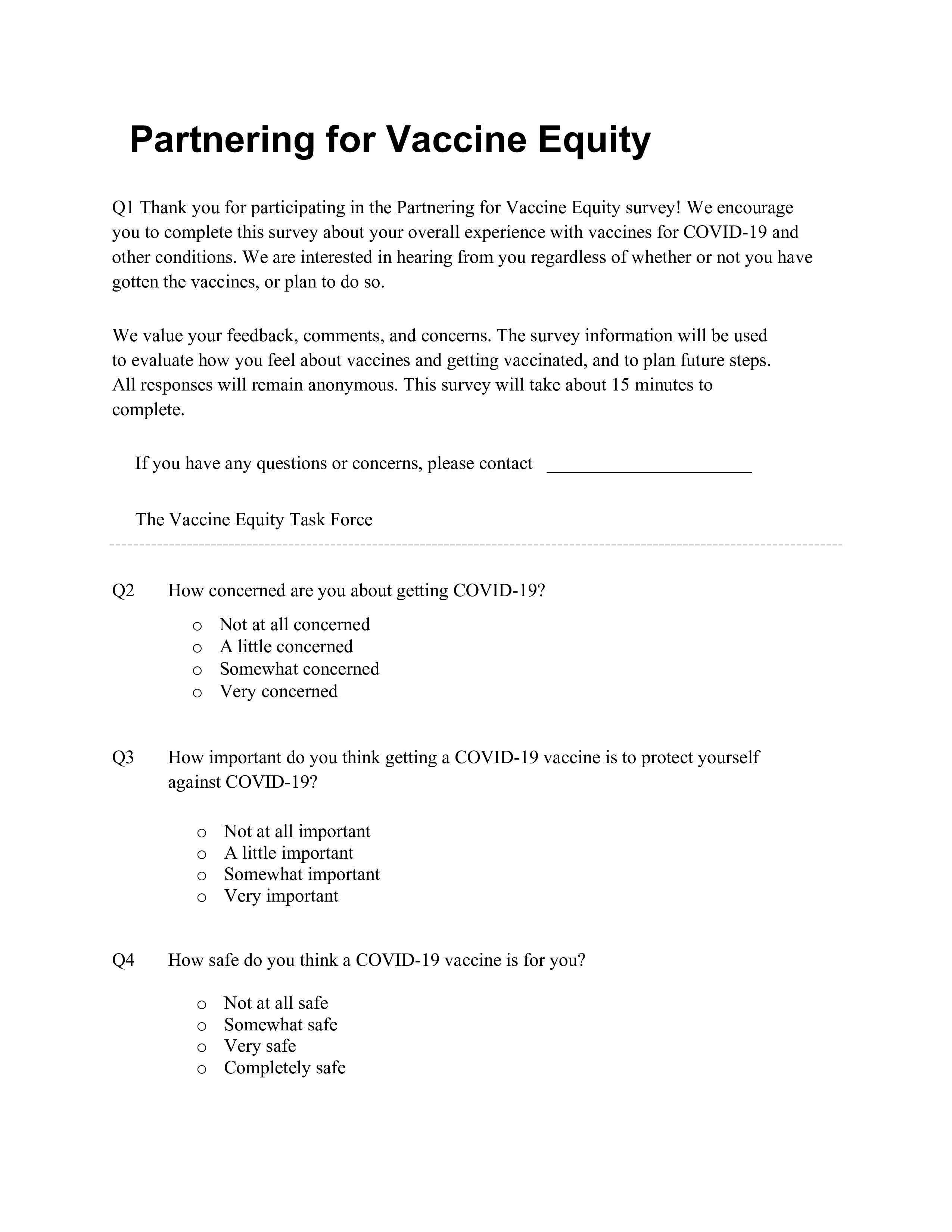 First page of survey reads Partnering for Vaccine Equity.