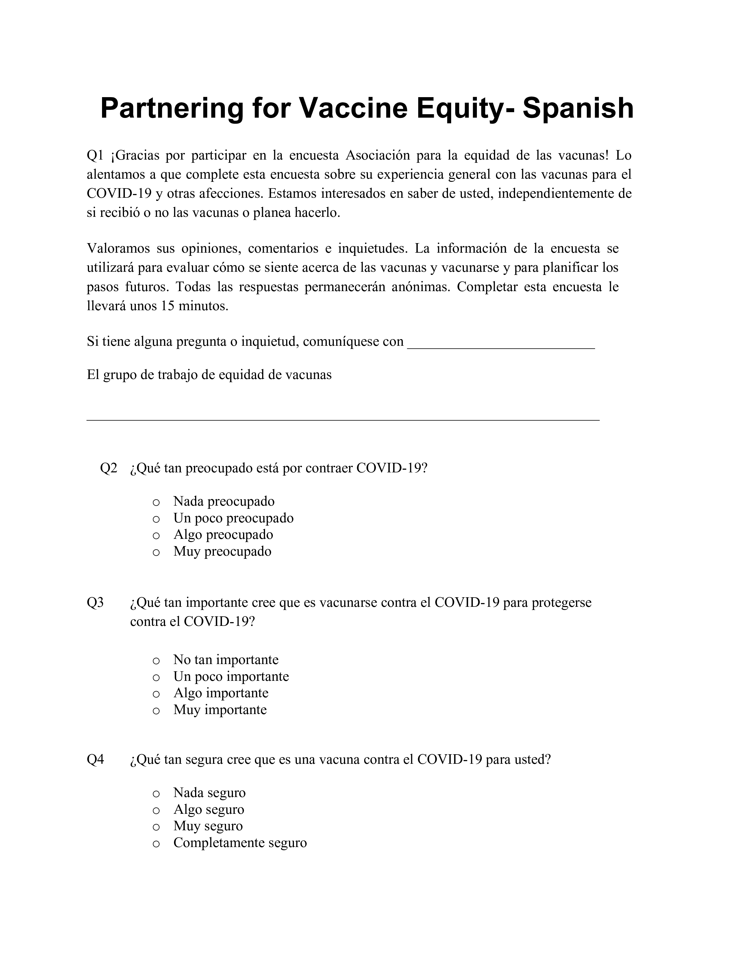 First page of survey reads Partnering for Vaccine Equity.