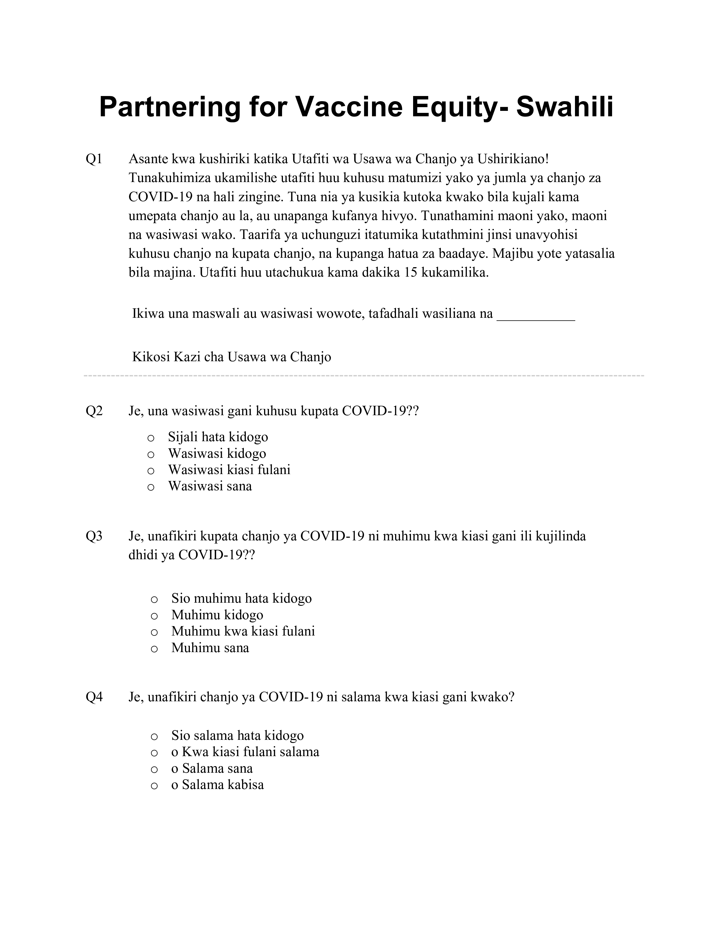 First page of survey reads Partnering for Vaccine Equity.